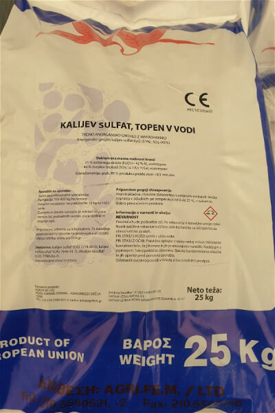 AGRI- Kalijev Sulfat (NPK 0-0-51) Potassium-SULFATE/SOP -25kg /48/p-gnojilo